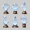 Crystal winners awards. Realistic glass trophies, different shapes, transparent acrylic mockups, geometric bases with