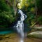 Crystalclear waterfall descends gracefully amidst tranquil woodland