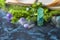 Crystalline minerals for meditation, moss, book. Magic Rock for Healing stones. Minerals for relaxation