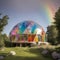 A crystalline prism dome home with colorful glass panels, refracting sunlight into rainbows