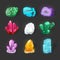 Crystalline stone or gem. Precious gemstone. Magic crystals and semiprecious stones vector set. Game glowing crystals icons.