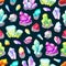 Crystals, gemstones and minerals seamless pattern