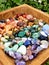 Crystals in Wooden Box : All  Colours of the Rainbow  Gems Uncut Rock Stones Gems Polished  Stone in Nature Gemstones Colors