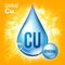 Cu Cuprum Vector. Mineral Blue Drop Icon. Vitamin Liquid Droplet Icon. Substance For Beauty, Cosmetic, Heath Promo Ads