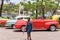 CUBA, HAVANA - MAY 5, 2017: American multicolored retro cars in the parking lot. Copy space for text.