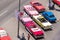 CUBA, HAVANA - MAY 5, 2017: American multicolored retro cars in the parking lot. Copy space for text. Top view.