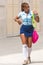 CUBA, HAVANA - MAY 5, 2017: Schoolgirl in the shape on the street. Copy space for text.