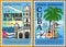 Cuba map, flag, Caribbean beach palm. Cuban travel