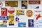 CUBA, MISSOURI - APRIL 5, 2018 - Collection of vintage metal signs and logos of former and actual companies displayed on a wall