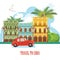 Cuba travel colorful card concept. Havana. Vintage style. Vector illustration with Cuban culture