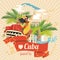 Cuba travel colorful card concept. Travel poster with retro car and Salsa dancer. Vector illustration with Cuban culture