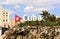 Cuba word sign with red triangle and a star, touristic landmark in Havana