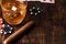 Cuban cigar, whiskey glass and chips on table