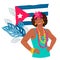 Cuban woman at backdrop of Cuba national flag. Native or inhabitant of Cuba