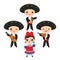 Cubans boy and girl in national costume and hat. Cartoon children in traditional Cuba dress, Mariachi group Musical instruments gu