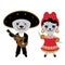 Cubans funny Kawaii gray cat boy and girl in national costume and hat. Cartoon children animals in traditional Cuba dress, guitar