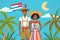 Cubans in national dress with a flag. Man and woman in traditional costume. Travel to Cuba. People. Vector flat illustration