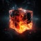 A cube in the clash of ice and fire on black background. Fire flames and crystal texture