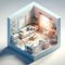 Cube cutout of an isometric living room.
