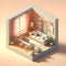 Cube cutout of an isometric living room.