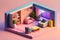 cube cutout of an isometric living room, 3d art, pastel colors, soft lighting, high detail, artstation, concept art, behance, ray