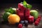 cube of fruits at the table idea product photography, colors, studio lighting AI Generated