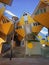 Cube houses under clear blue sky in Rotterdam, the Netherlands. Representing a village where each house is a tree. A lot of quirky