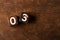 Cube numbers on old wooden table with copy space, 03