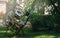 Cube with old keyboards and monitors in it surrounded by greenery under the sunlight