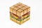 Cube puzzle with photo of a hamburger, isolated on white background.