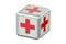 Cube with red crosses, pharmaceutical concept