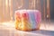 A cube-shaped croissant covered with multi-colored icing and sprinkled with flowers.