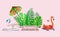 Cube stage podium empty with orange Inflatable flamingo,rubber raft,beach ball,palm monstera leaf,flower,umbrella isolated on pink