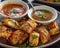 Cubed tortillas with dipping sauce on plate, traditional mexican food pic