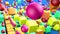 Cubes and balls with all colors rainbow jump on blue background. 3D-animation of rectangular objects. Close up