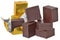 Cubes of chocolate in golden packing isolated