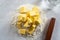 Cubes cold butter on all-purpose flour  basic puff pastry ingredients