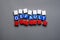 Cubes default text isolated flag Russia concept. Disintegration block letters wood word default in Russian flag cubes
