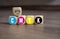 Cubes dice CMYK on wooden background