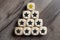 Cubes and dice with golden star on top of a pyramide