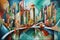 cubism-inspired painting of abstract cityscape, with buildings and bridges bursting with energy