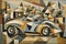 cubist abstract painting of an old fashioned racing car surrounded by geometric shapes