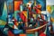 cubist painting, with bold colors and geometric shapes