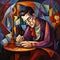 Cubist Painting: A Colorful Woodcarving Of A Man Writing