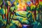 cubist painting of a lush natural landscape, with vibrant colors and precise lines