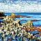 Cubist painting of rocky ocean shore