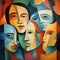 Cubist painting of serene visages intertwined with a warm, abstract color blend. AI generation