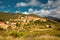 Cucugnan, typical small French village in the Corbieres mountains, at the foot of Cathar castle, Queribus