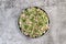 Cucumber and cabbage salad with radishes and herbs on a round plate on a dark gray background