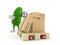 Cucumber character with hand pallet truck with cardboard boxes